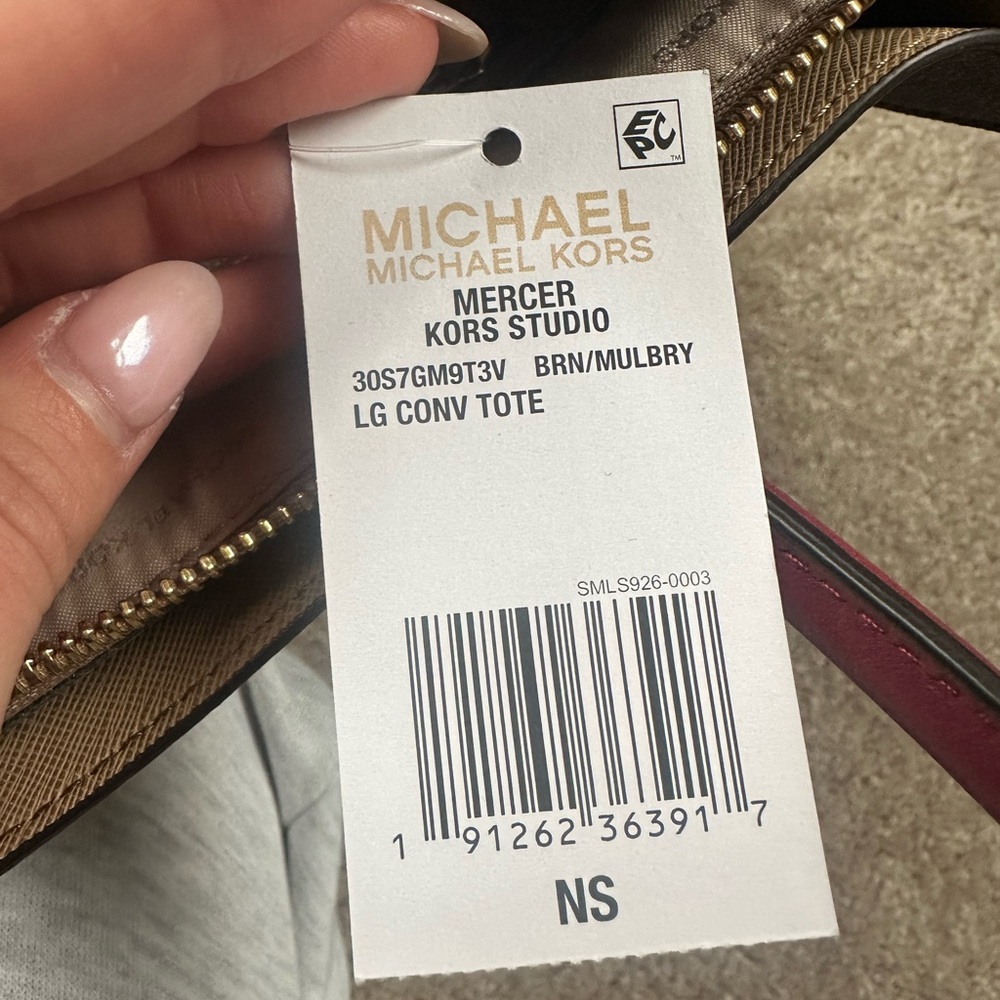 NWT, Michael Kors Large Mercer Brown Leather Tote with Pink Handles - Picture 5 of 5